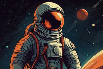Vintage-style illustration of space astronaut. Abstract science fiction poster or banner. 