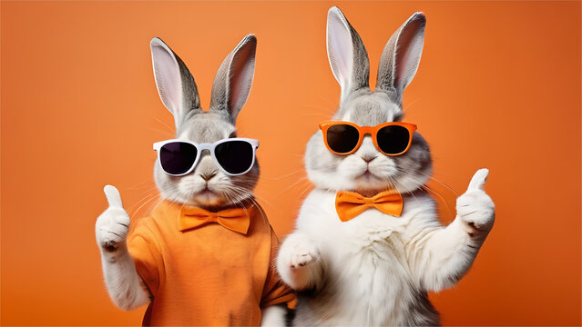 Easter bunny rabbit and cat with rabit ear wearing sunglasses, giving thumb up on orange background.