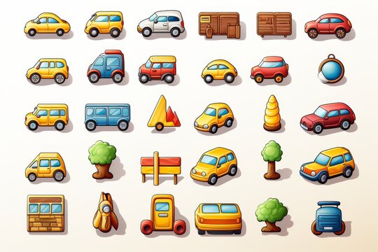 Colorful toy cars and trees icons set for childrens play and nature-themed designs