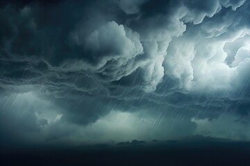 Naklejka na ściany i meble Foreboding storm clouds gather, unleashing intense rain and highlighting the power of natural weather phenomena. Dramatic Storm Clouds with Intense Rainfall