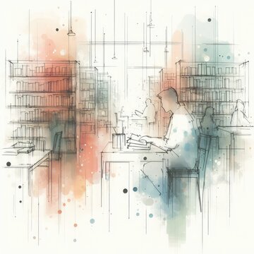 Sketch of library interior in splash ink painting with Generative AI.