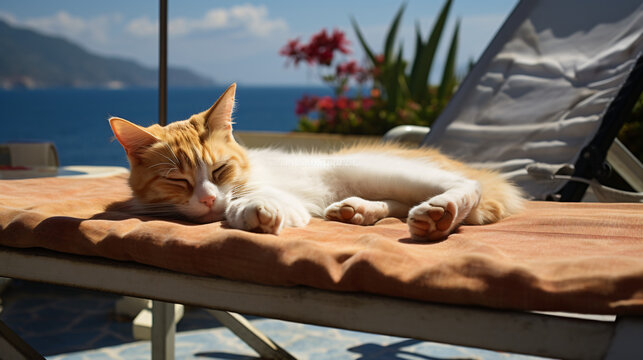 The cat is on vacation at sea resting and enjoying lif