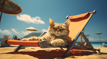 The cat is on vacation at sea resting and enjoying lif