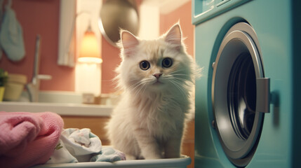 The cat relieves itself pees cat litter in an apartmen