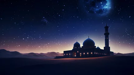 Fotobehang islamic ramadan background, eid al fitri, iftar, eid al adha, beautiful mosque and lantern background. camel in the middle of the desert with mosque © rafliand