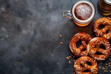 Rustic Delights: Close-Up of German Pretzels and Beer on a Dark, Inviting Background - obrazy, fototapety, plakaty