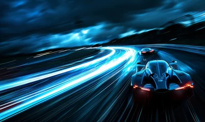 Ingelijste posters a futuristic car is driving down a highway at night © Jahid