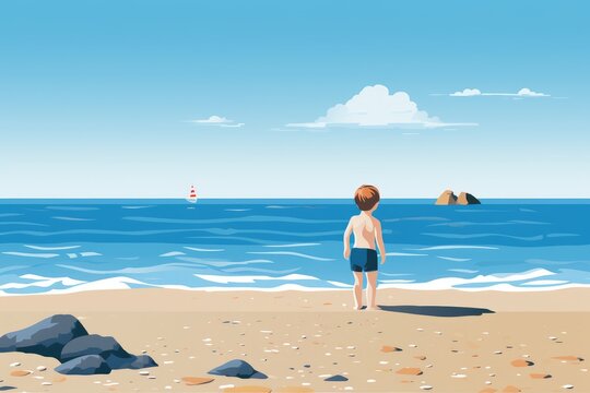 little boy play on the beach in summer illustration