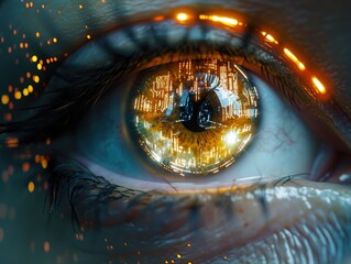 Eye with a nano-tech contact lens, designed for enhanced vision and digital connectivity. Lens magnifying and clarifying vision, with digital data streams. AI
