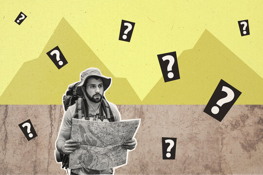 Creative collage illustration young man traveler lost way hold paper map decide path go question mark unsure mountain terrain