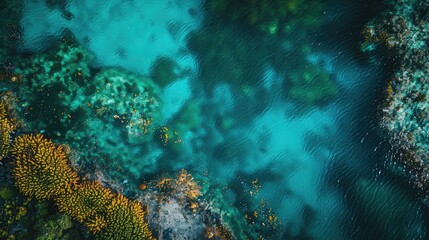Naklejka na ściany i meble Aerial view of a vibrant coral reef submerged in crystal-clear blue waters