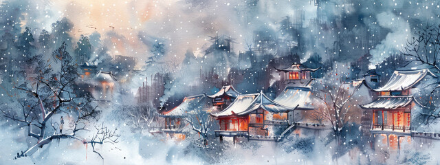 Watercolor Chinese painting of a snow-covered village at dusk with glowing windows