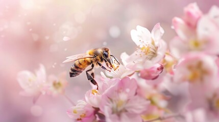 Honeybee collecting nectar from delicate pink cherry blossoms in soft spring light