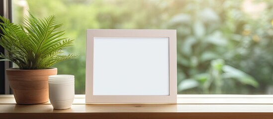 A rectangular wood picture frame sits on a window sill next to a potted plant and a peachcolored cup. The room has hardwood flooring and the window has glass panes overlooking a grassy area - obrazy, fototapety, plakaty