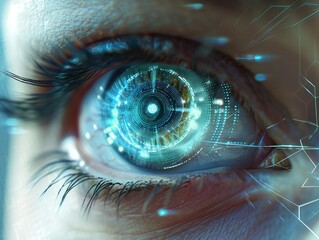 Image depicting an eye equipped with a cutting-edge nano-tech contact lens, innovatively designed for enhanced vision. The lens, almost invisible, is shown magnifying and clarifying vision. AI - obrazy, fototapety, plakaty