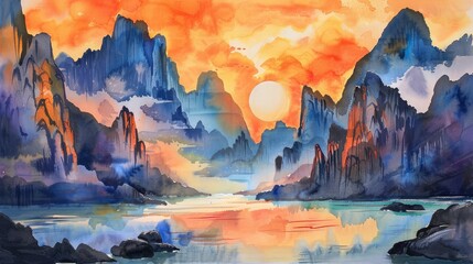 Vibrant watercolor painting of a mountainous sunset with reflections on water, in a Chinese style