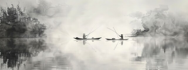 Tranquil Chinese watercolor scene with fishermen on calm waters amidst ethereal misty trees - obrazy, fototapety, plakaty
