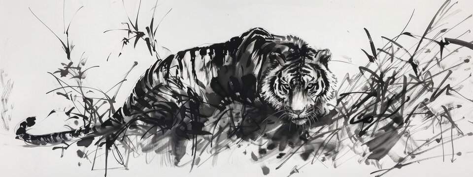 A dynamic Chinese ink painting depicting a tiger amidst brushstrokes of grass