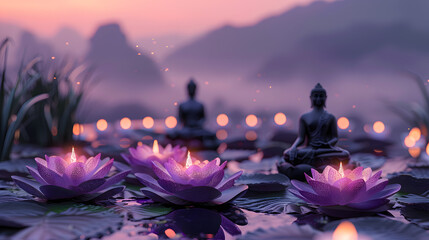 Soothing lavender and ivory-themed background captures the serenity of Vesak, with flickering candlelight, fragrant lotus blooms, and serene meditating figures - obrazy, fototapety, plakaty
