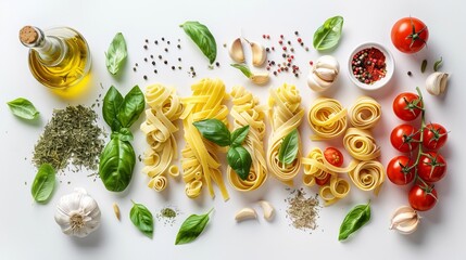 Flat lay composition of raw different pasta, cherry tomatoes, , spices, basil, olive oil, garlic isolated on a white background.