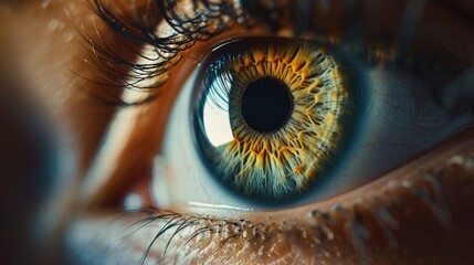 Close-up of a human eye with detailed iris patterns and eyelashes. - obrazy, fototapety, plakaty