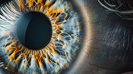 Close-up of a human eye with detailed iris patterns and eyelashes - obrazy, fototapety, plakaty