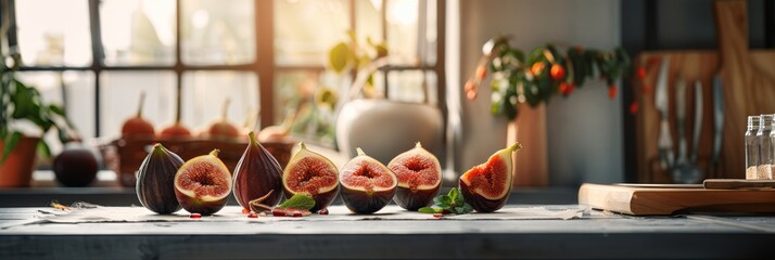 Ripe figs on a kitchen counter, backlit by a window. - obrazy, fototapety, plakaty