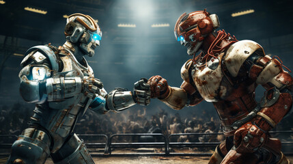 Two Modern robots fight in the arena entertainment box