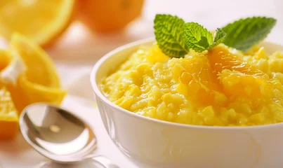 Schilderijen op glas Satisfying Breakfast Choice: Delicious Corn Porridge with a Zest of Orange © verticalia