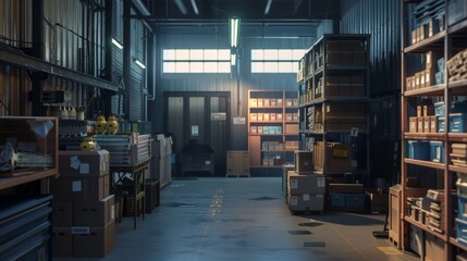 Dimly lit warehouse aisle with shelves of boxes, for storage, inventory, or supply chain related themes.