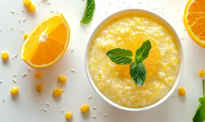 Schilderijen op glas Family Breakfast: Healthy Corn Porridge with Orange © verticalia