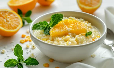 Schilderijen op glas Fresh Start: Appetizing Corn Porridge Enhanced with Orange © verticalia
