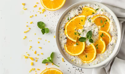 Gordijnen Hearty and Healthy: Corn Porridge with Fresh Orange for Breakfast © verticalia