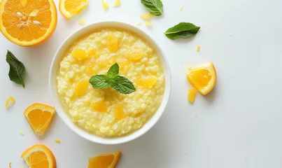 Foto op Plexiglas anti-reflex Enjoyable Family Breakfast: Healthy Corn Porridge with Orange © verticalia