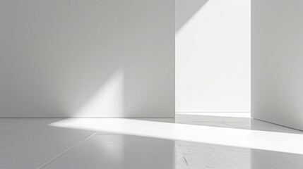 Sunlight casting shadows on a white marble floor in a minimalist interior space. Modern architecture and design concept with natural light. Design for poster, wallpaper, banner