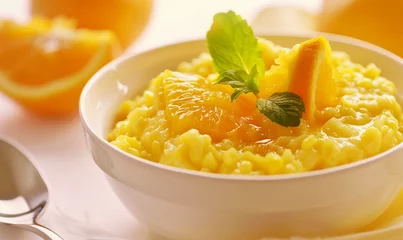 Rolgordijnen Tasty Morning Treat: Appetizing Corn Porridge with Orange © verticalia