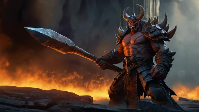 Imposing demonic character stands amid raging inferno. Distinctive features include large horns, bat-like wings, and muscular physique. 