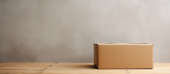A beige cardboard box placed on a brown rectangular wooden table made of hardwood. The tabletop is stained with a wood stain, contrasting with the laminate flooring made of plywood underneath