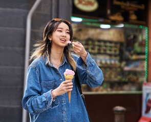 young woman girl travel tourist outdoor city happy vacation holiday street summer ice cream tourism traveler walking student - 763072157