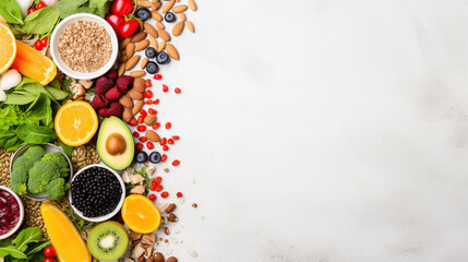 Healthy food clean eating selection, fruit, vegetable, seeds, superfood, cereal, leaf vegetable on...