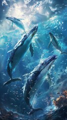 A serene design showcasing a pod of whales breaching in the ocean , tile - obrazy, fototapety, plakaty