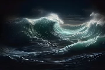 Foto op Canvas High sea wave with foam on a dark night background. Generative AI © Mirza