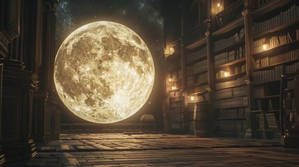 Majestic Full Moon over Library Interior, for Fantasy and Education Themes