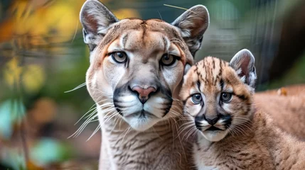 Deurstickers Male puma and cub portrait, object on right, empty space on left for text placement © Ilja
