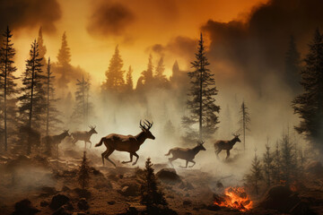 A herd of wild animals sprint through a forest, escaping a raging fire. The urgency and speed of their movement is evident - obrazy, fototapety, plakaty