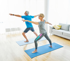 senior active exercise couple training sport fitness home stretching yoga woman man pilates gym together - 763073381
