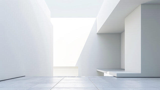 Modern architectural space with white walls and shadows. Minimalist design photography with sunlight. Contemporary art gallery concept. Design for poster, wallpaper, banner