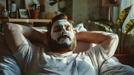 Bearded plus-size man indulges in a moment of self-care with a face mask, showcasing a modern approach to male grooming and wellness.