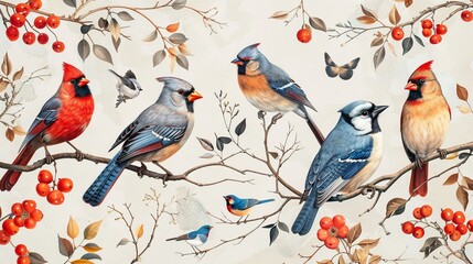 An elegant pattern featuring a variety of birds, including robins, blue jays, and cardinals , tile