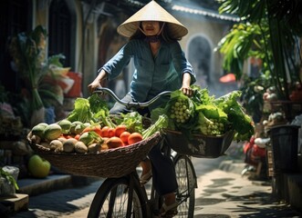 Local Woman Cycling Through Street Market with Fresh Produce - obrazy, fototapety, plakaty